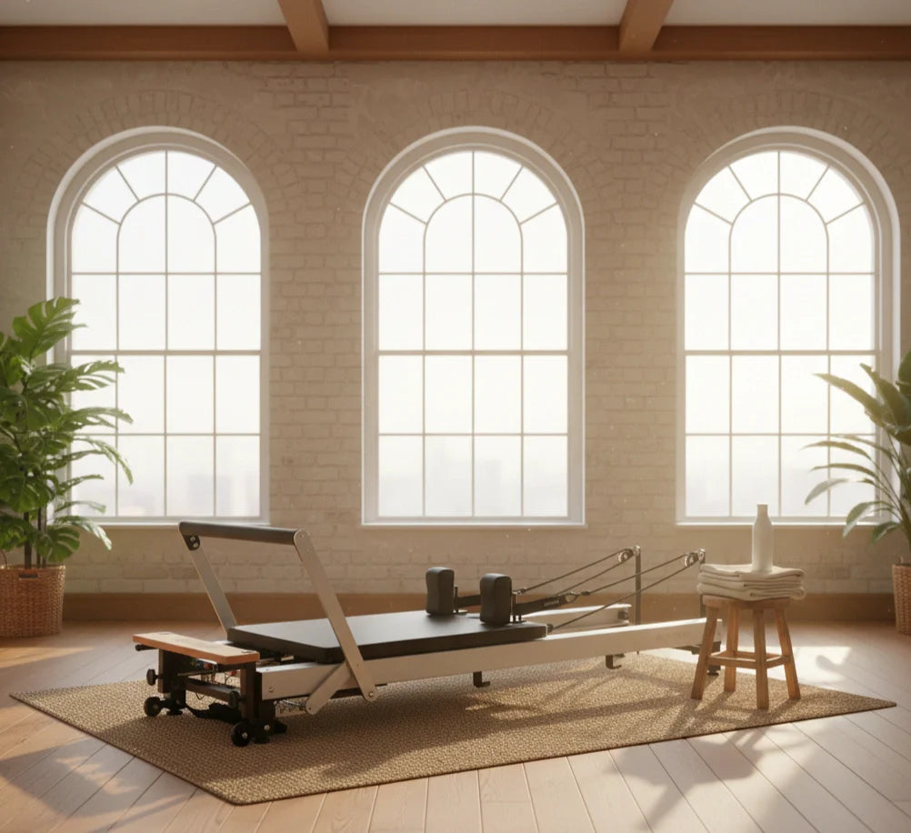 Align-Pilates C8-Pro Reformer in a NYC home studio featuring the 8-wheel 'Rapid Change' spring bar system. Modern commercial-grade aluminum Pilates machine designed for smooth, high-intensity home or studio use.
