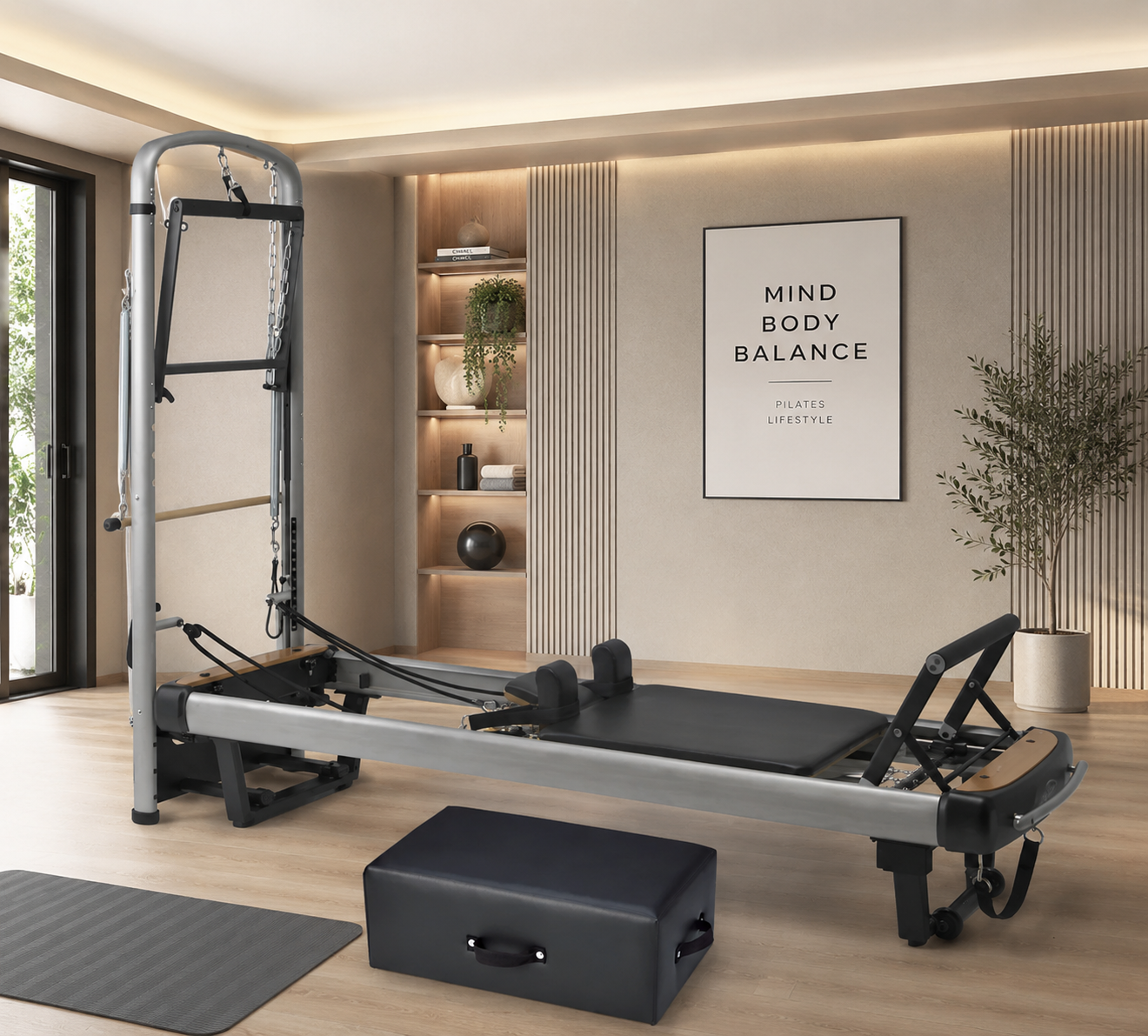pilates reformer with tower in an at home gym 