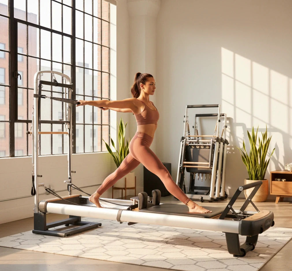 Peak Pilates MVe Reformer with Tower showing a student using the integrated push-through bar and springs. Professional-grade stackable Pilates machine with full tower functionality for home or boutique studio versatility