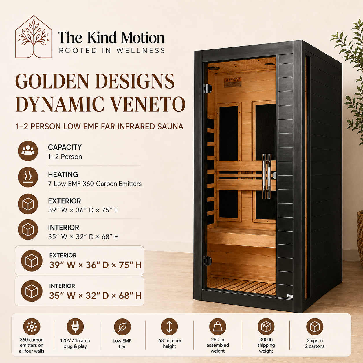 Golden Designs Dynamic Veneto 1–2 Person Low EMF Infrared Sauna