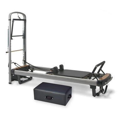 Peak Pilates MVe Reformer with Tower Bundle, professional stackable aluminum studio-height reformer.