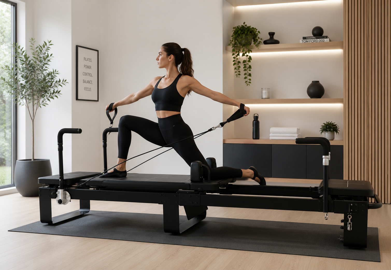 Woman exercising on a black Pilates reformer in a modern luxury at home gym