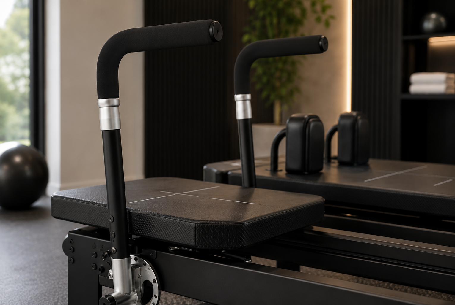 Close up of black padded handles on a Corextreme style Pilates reformer in a modern home gym setting