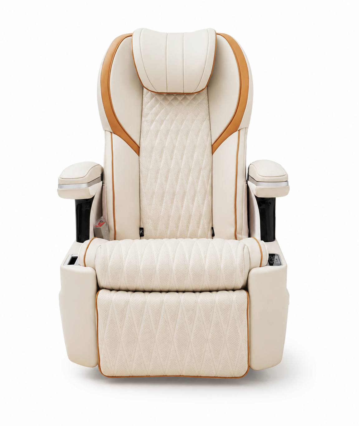 Cream and tan hyperbaric chamber recliner chair on white background