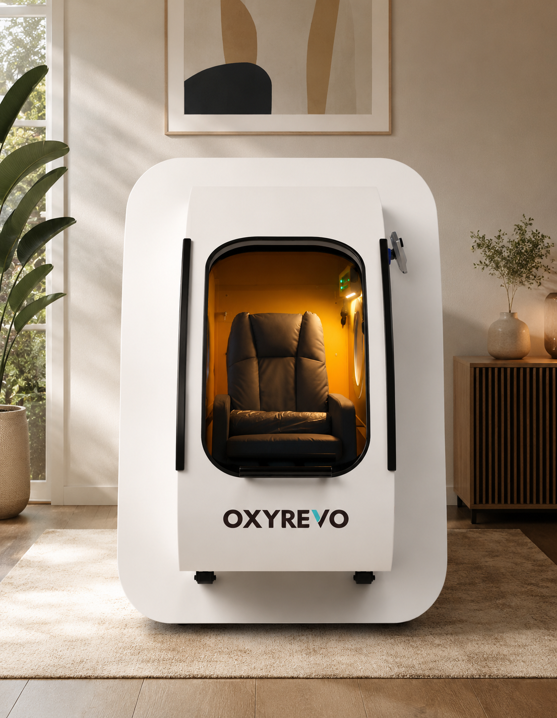 Cream and tan hyperbaric chamber recliner chair on white background