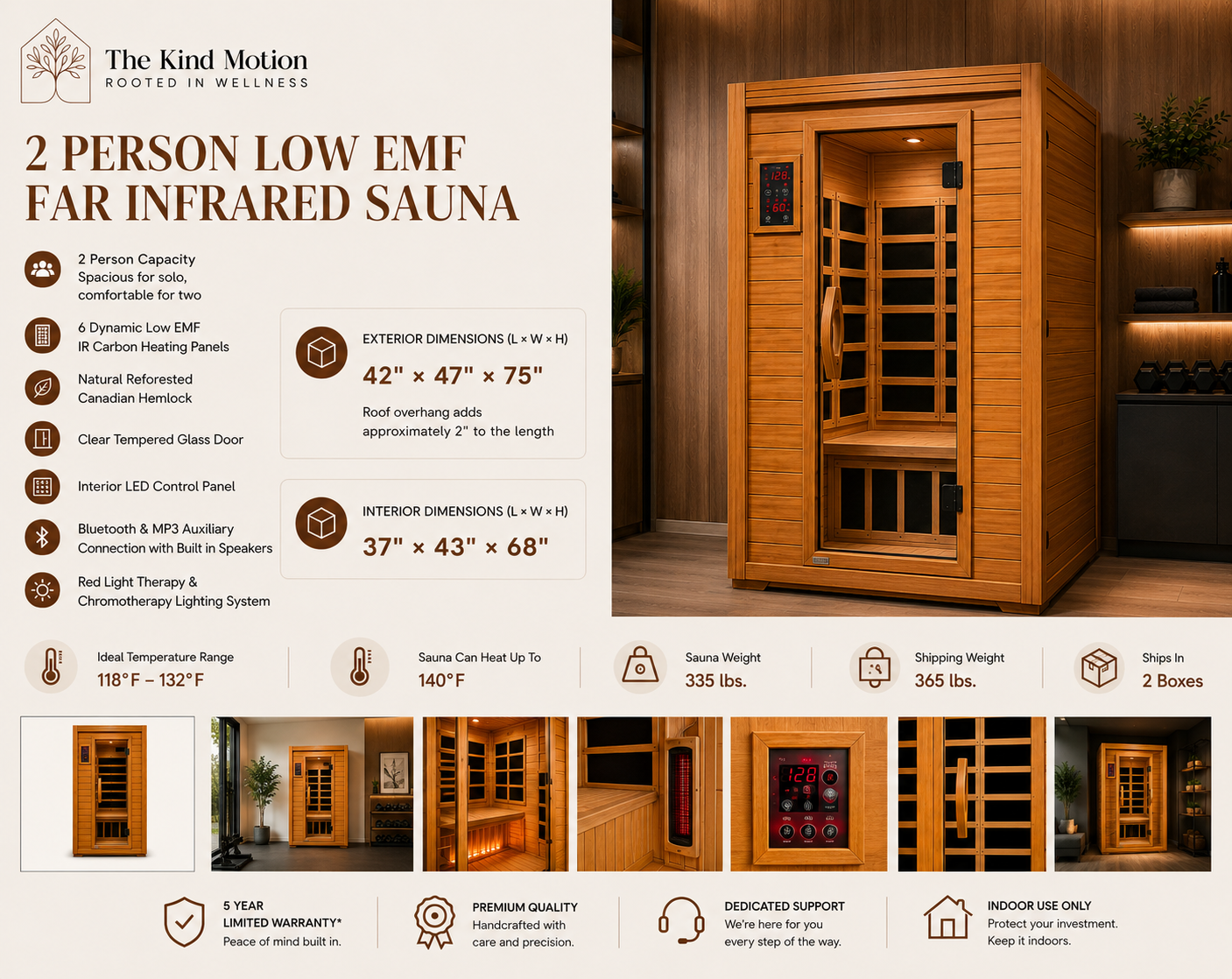 An infographic product listing for a 2-person low EMF infrared sauna by The Kind Motion. The image features a large product photo of the wooden sauna on the right, alongside detailed specifications, features, dimensions, and weight on the left on a clean white background.