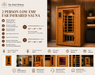 An infographic product listing for a 2-person low EMF infrared sauna by The Kind Motion. The image features a large product photo of the wooden sauna on the right, alongside detailed specifications, features, dimensions, and weight on the left on a clean white background.
