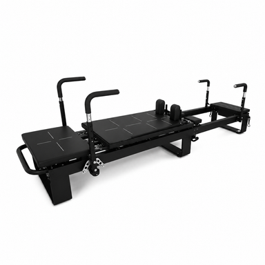 Elina Pilates Corextreme black aluminum reformer shown at an angled view for Pilates studio and home training