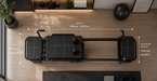 Overhead view of the Elina Pilates Corextreme reformer with labeled length width and height dimensions in a premium home gym