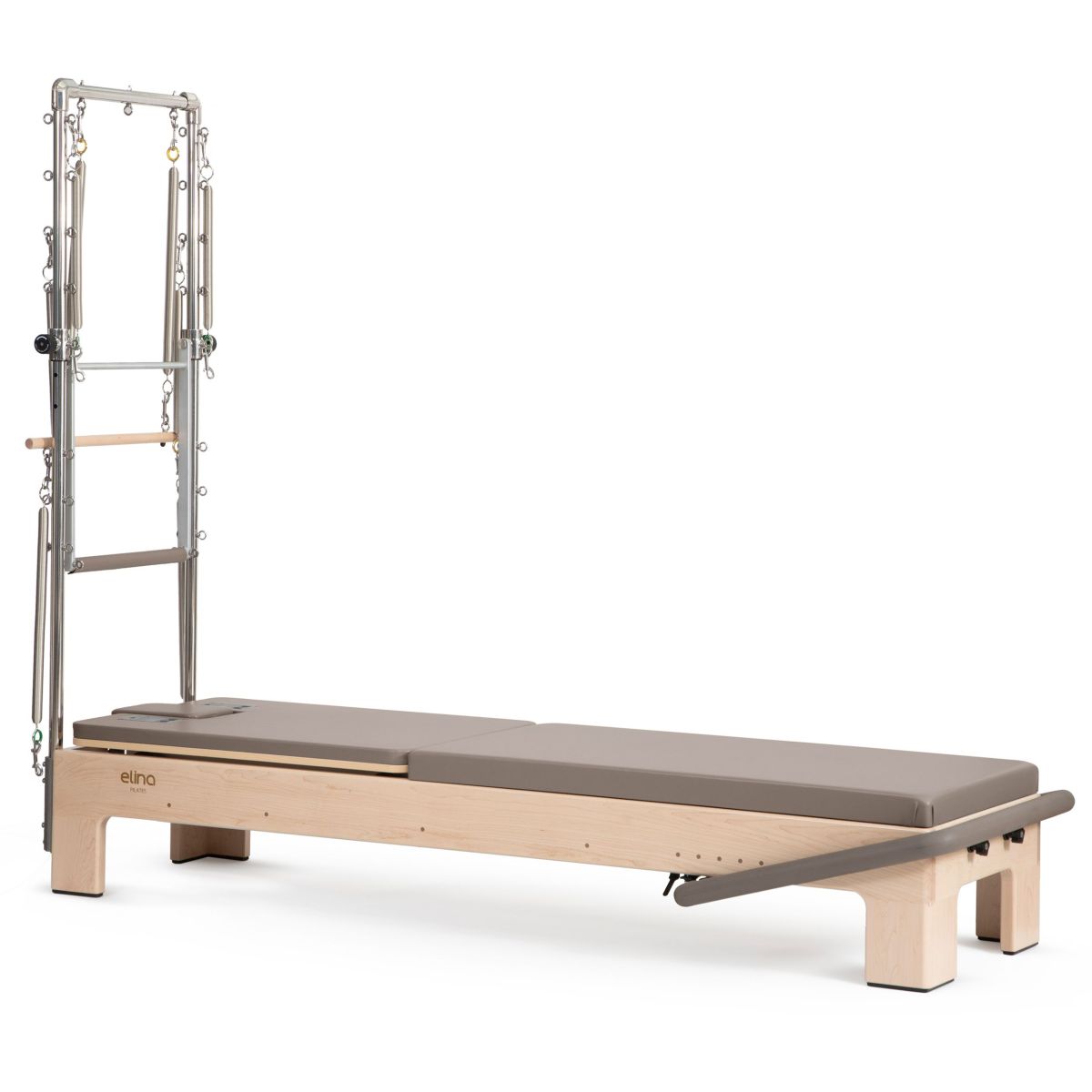Elina Pilates Elite Advanced Reformer with Tower in rock maple featuring the infinite sliding foot bar, padded box, and jump board for home and commercial studios.