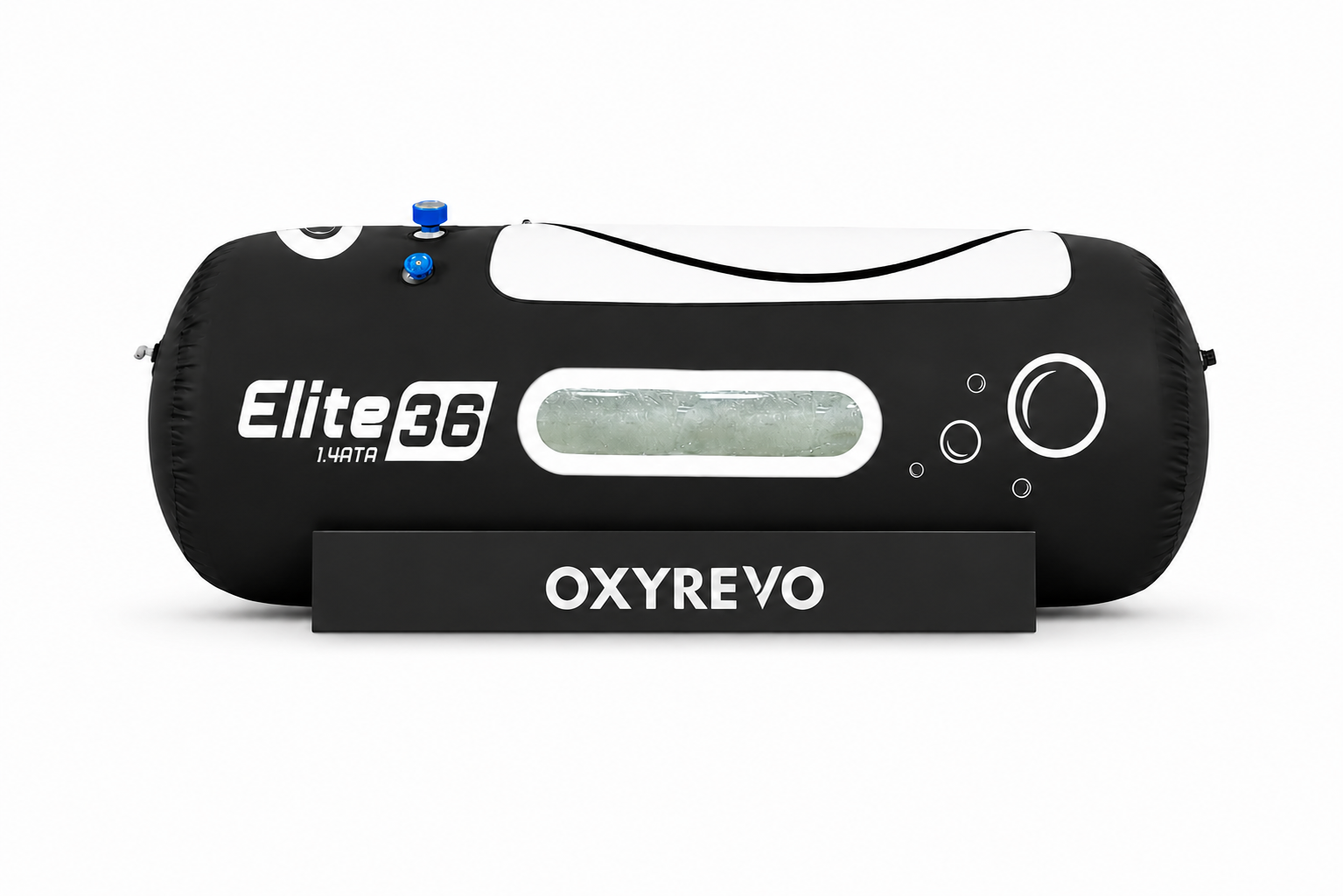 Black Elite 36 portable hyperbaric chamber by OXYREVO on a clean white background with premium studio lighting.