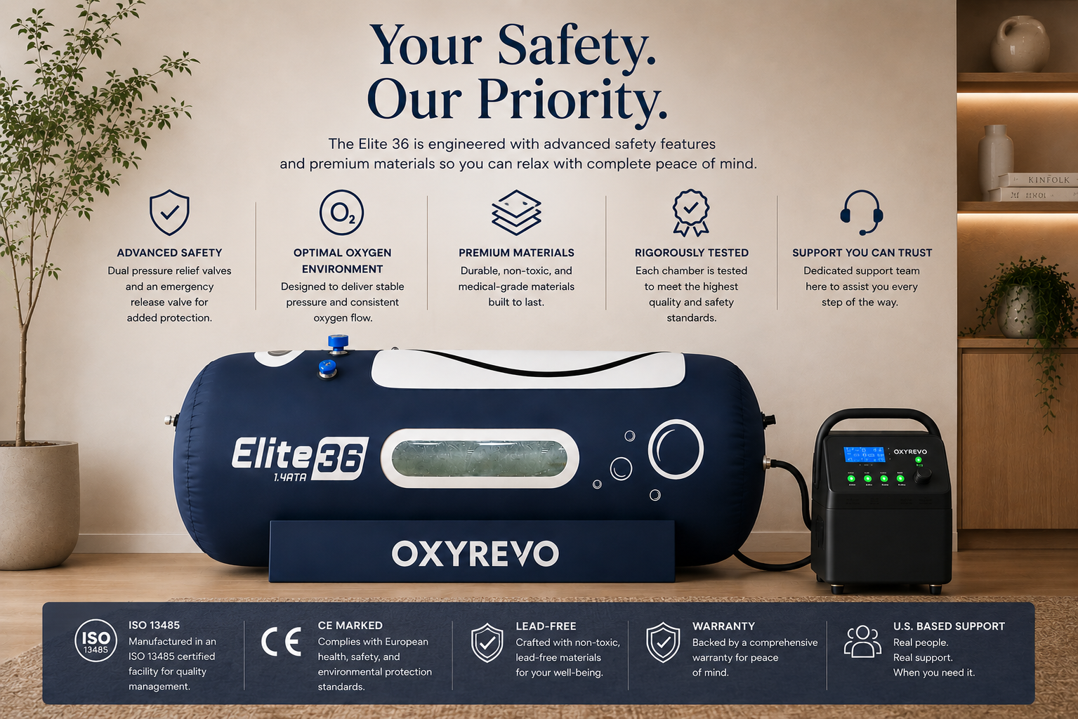 Elite 36 hyperbaric chamber trust and safety graphic featuring ISO 13485 and CE certifications with premium safety-focused design.