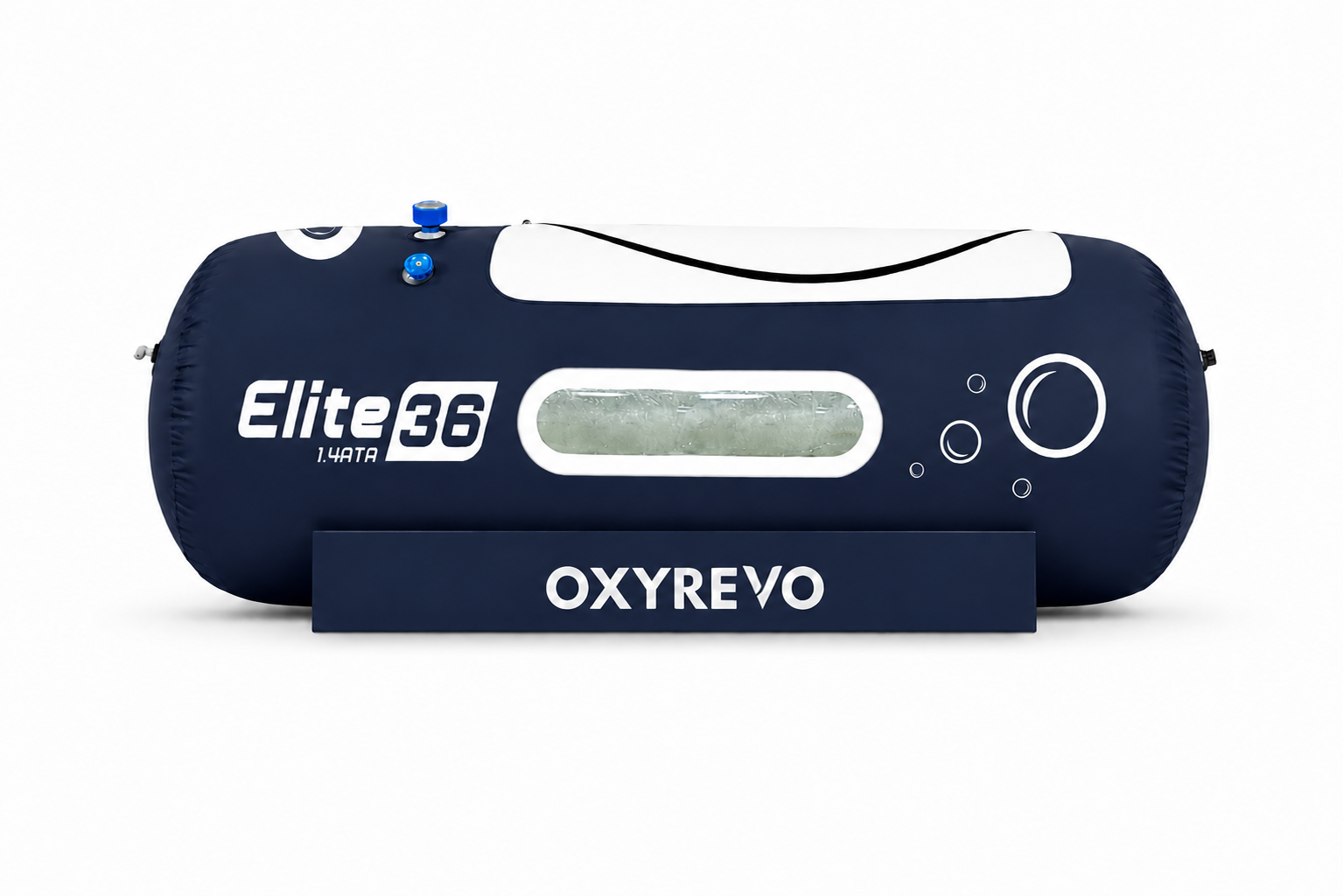 Navy blue Elite 36 hyperbaric chamber on a white background featuring premium wellness recovery equipment by OXYREVO.