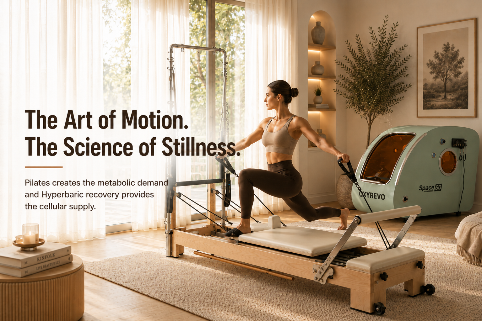 Woman using a Pilates reformer machine in a home setting with text about Pilates.