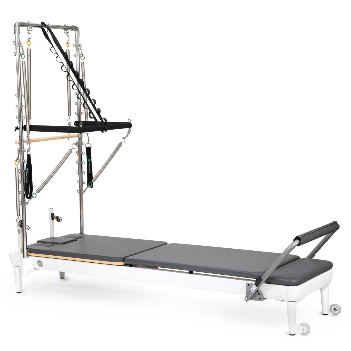 Elina Pilates Nubium Reformer with Tower Bundle in White, featuring a studio-grade aluminum frame and full Cadillac tower suite for professional home workouts, official authorized dealer The Kind Motion.