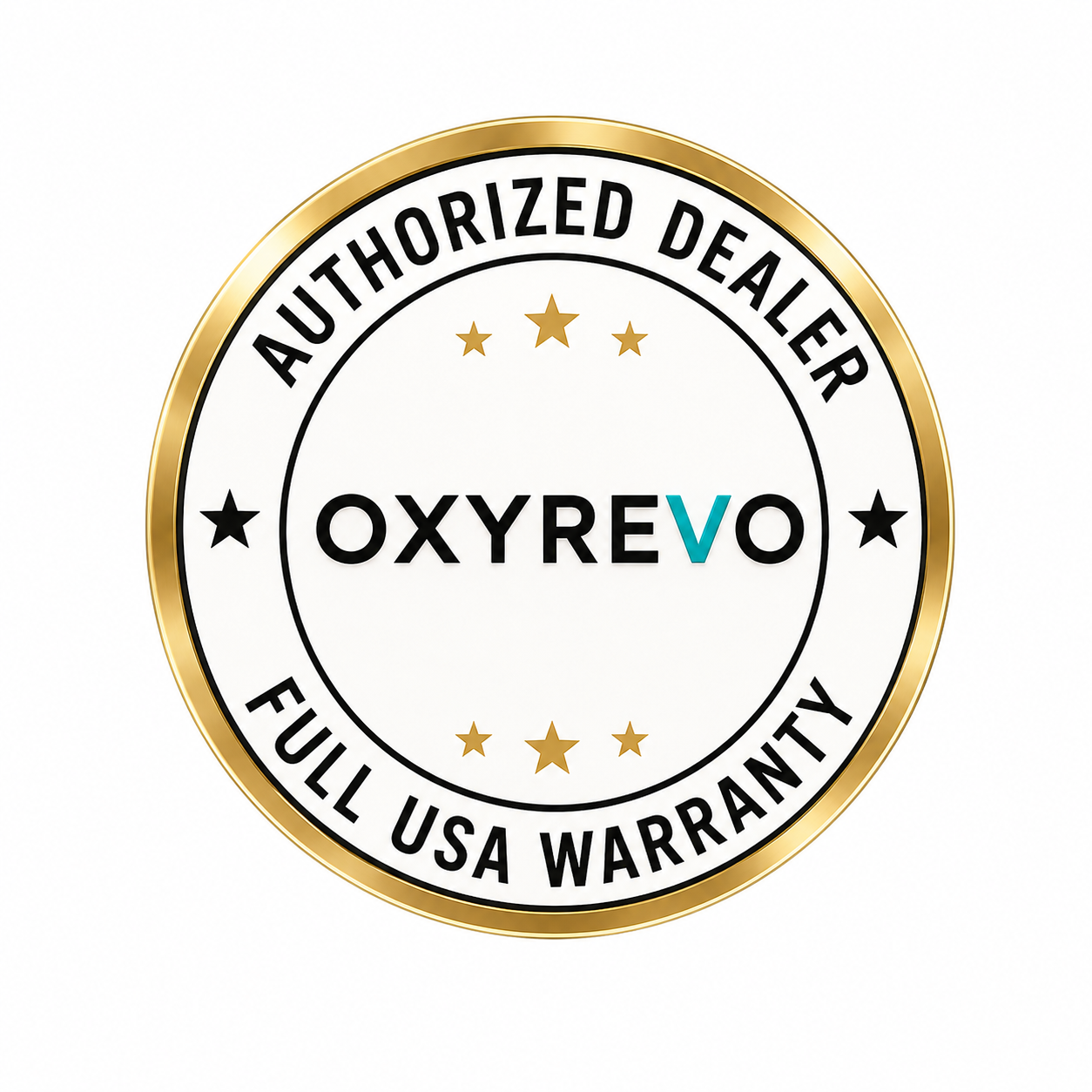 OxyRevo authorized dealer badge with full USA warranty