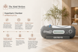 Premium infographic showcasing OXYREVO Elite 36 hyperbaric chamber features including double control valves, emergency valve, curved zipper design, and viewing window.