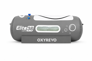 OXYREVO Elite 36 portable hyperbaric chamber on a clean white background with soft natural shadows for premium wellness product display.