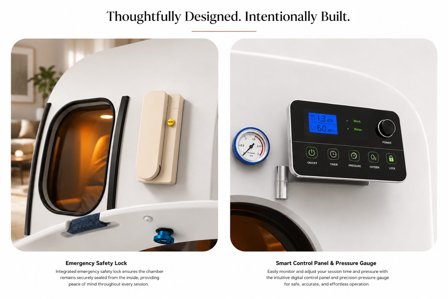 OxyRevo hyperbaric chamber control panel and premium design features