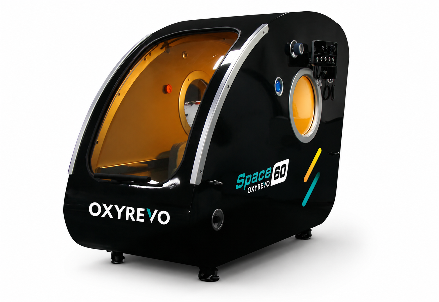 OxyRevo Space 60 black hyperbaric chamber on a clean white studio background