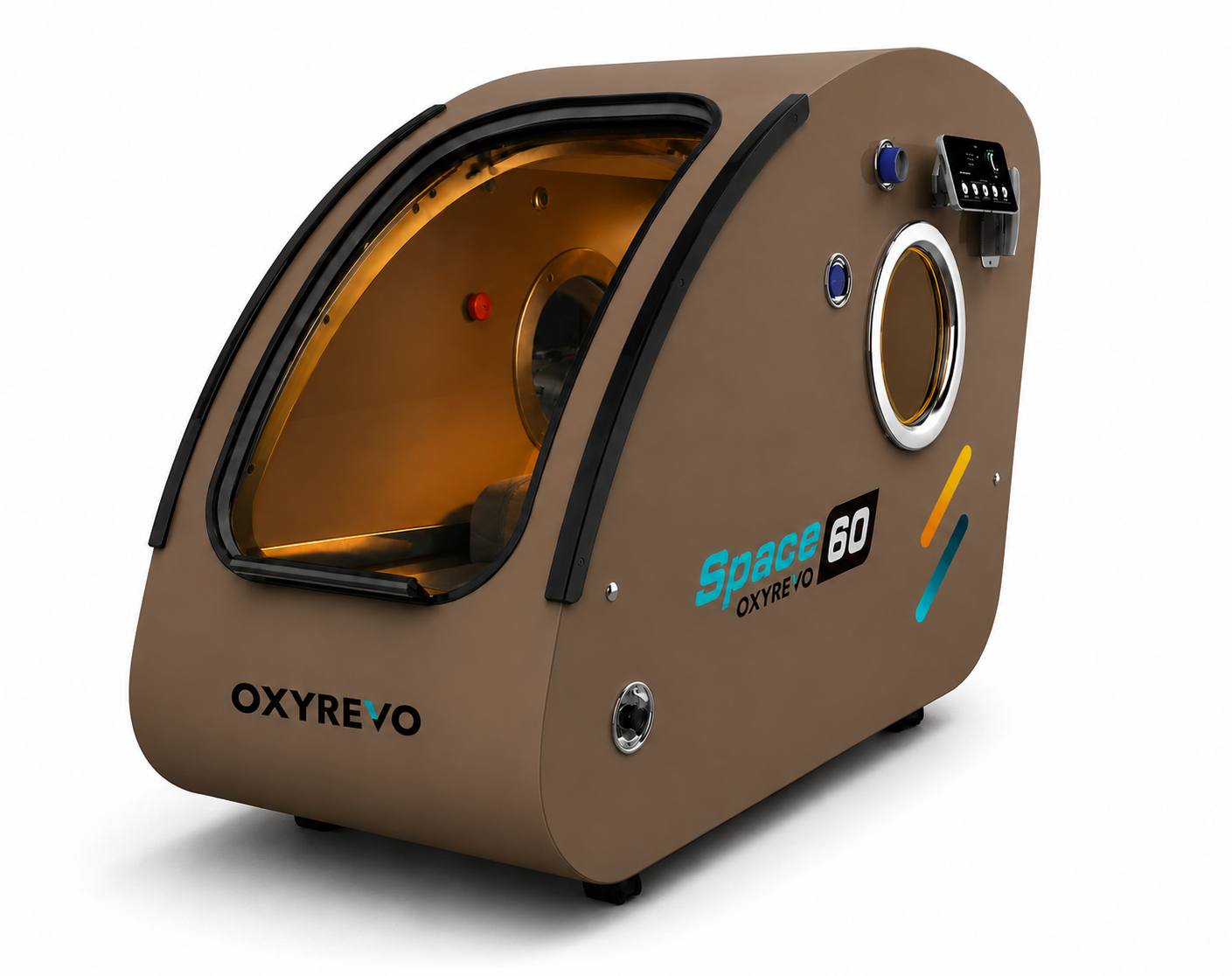 OxyRevo Space 60 brown hyperbaric chamber on a clean white background