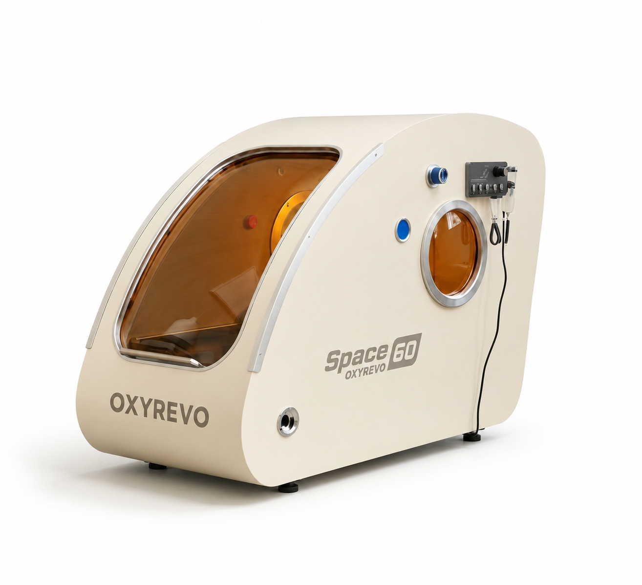 OxyRevo Space 60 ivory hyperbaric chamber on a clean white studio background