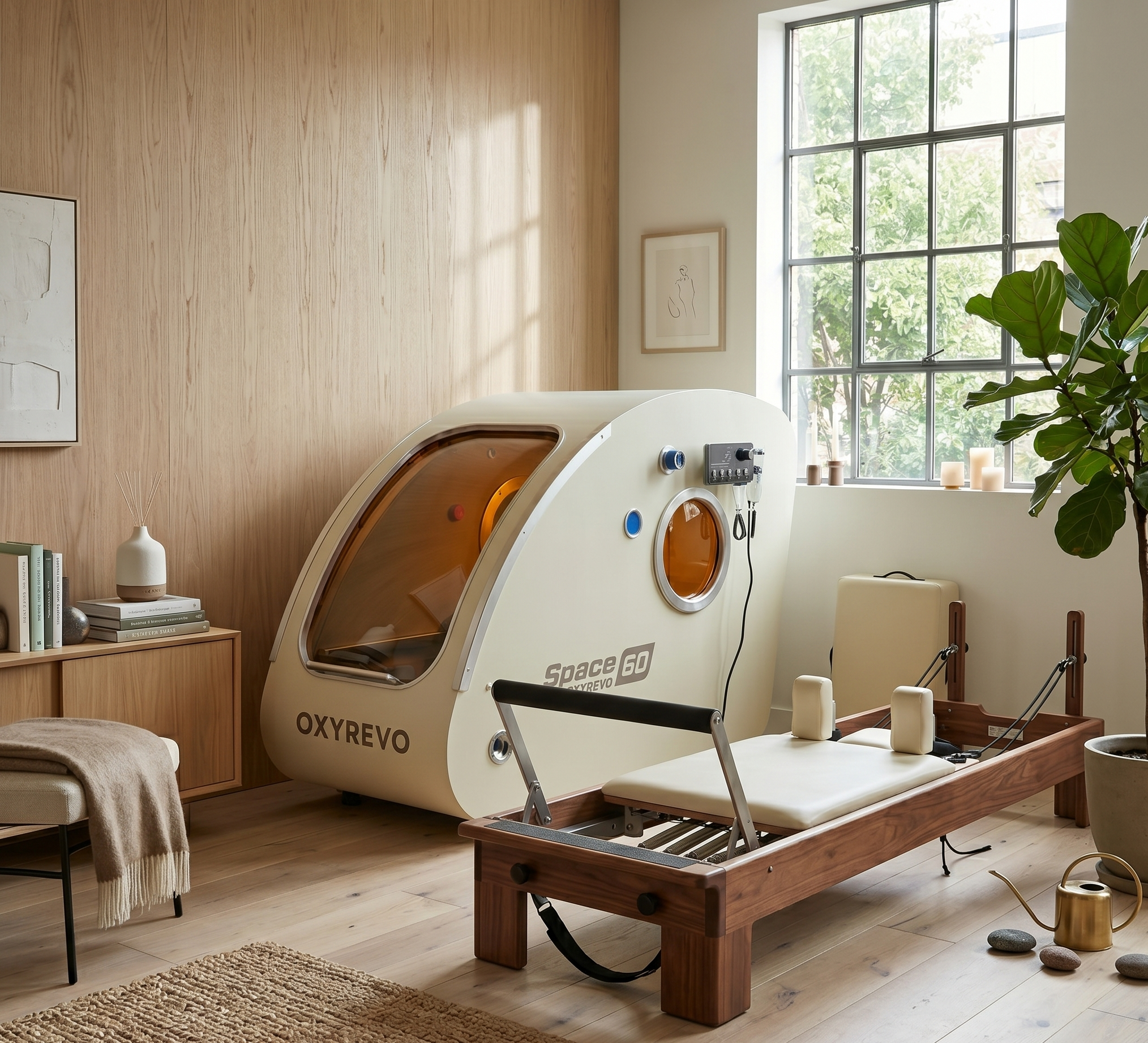 OxyRevo Space 60 ivory hyperbaric chamber on a clean white studio background