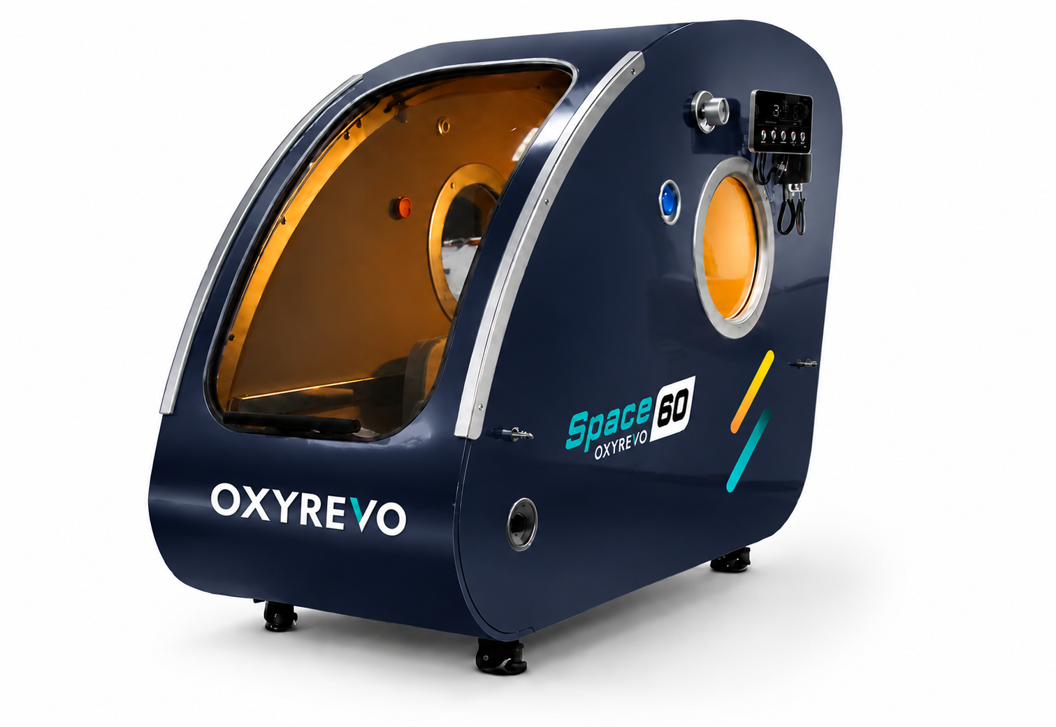 OxyRevo Space 60 navy blue hyperbaric chamber on a clean white studio background