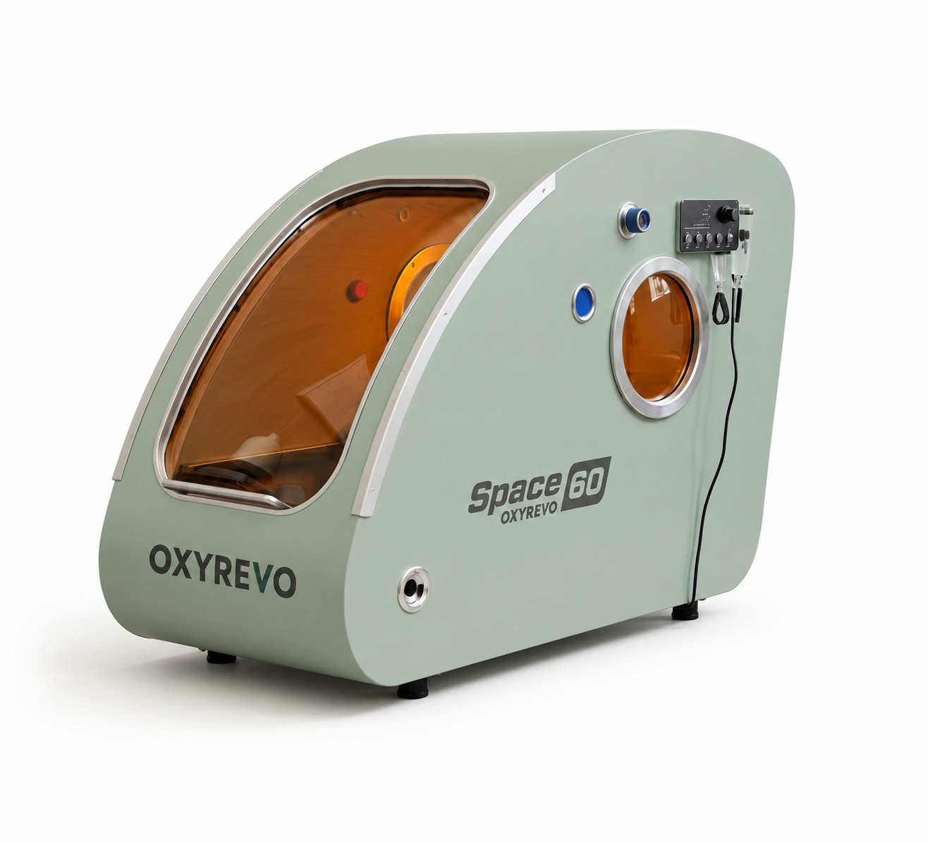 OxyRevo Space 60 sage green hyperbaric chamber on a clean white studio background