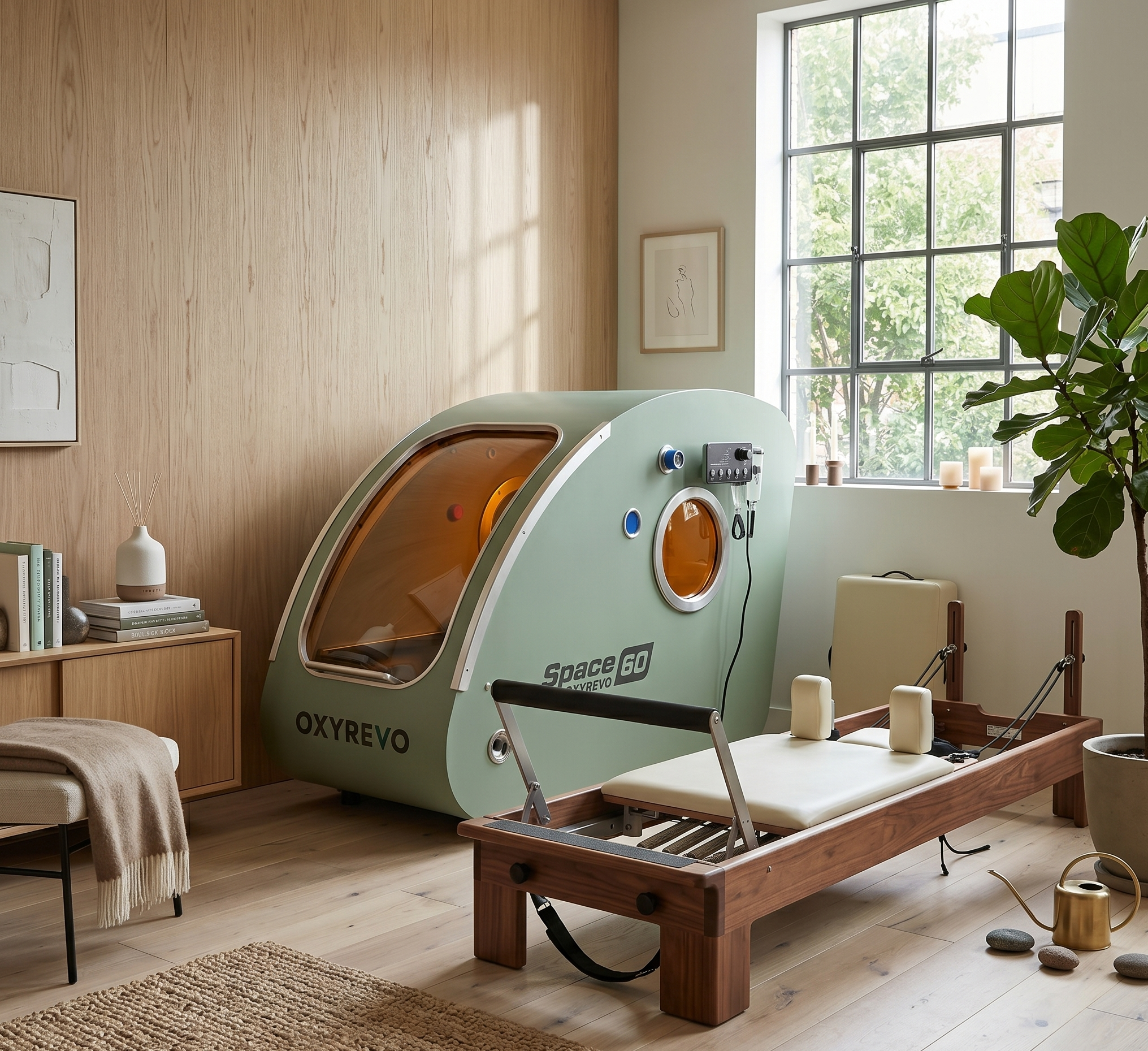 OxyRevo Space 60 sage green hyperbaric chamber in a wellness room with reformer