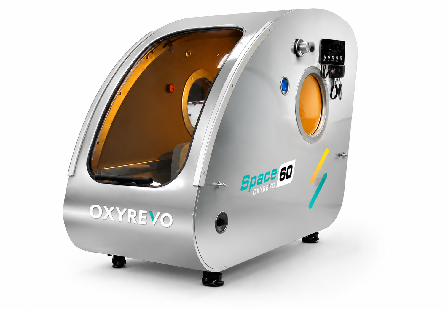 OxyRevo Space 60 silver hyperbaric chamber on a clean white studio background