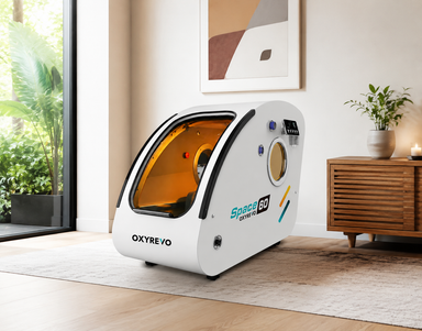 OxyRevo Space 60 white hyperbaric chamber in a modern home wellness room