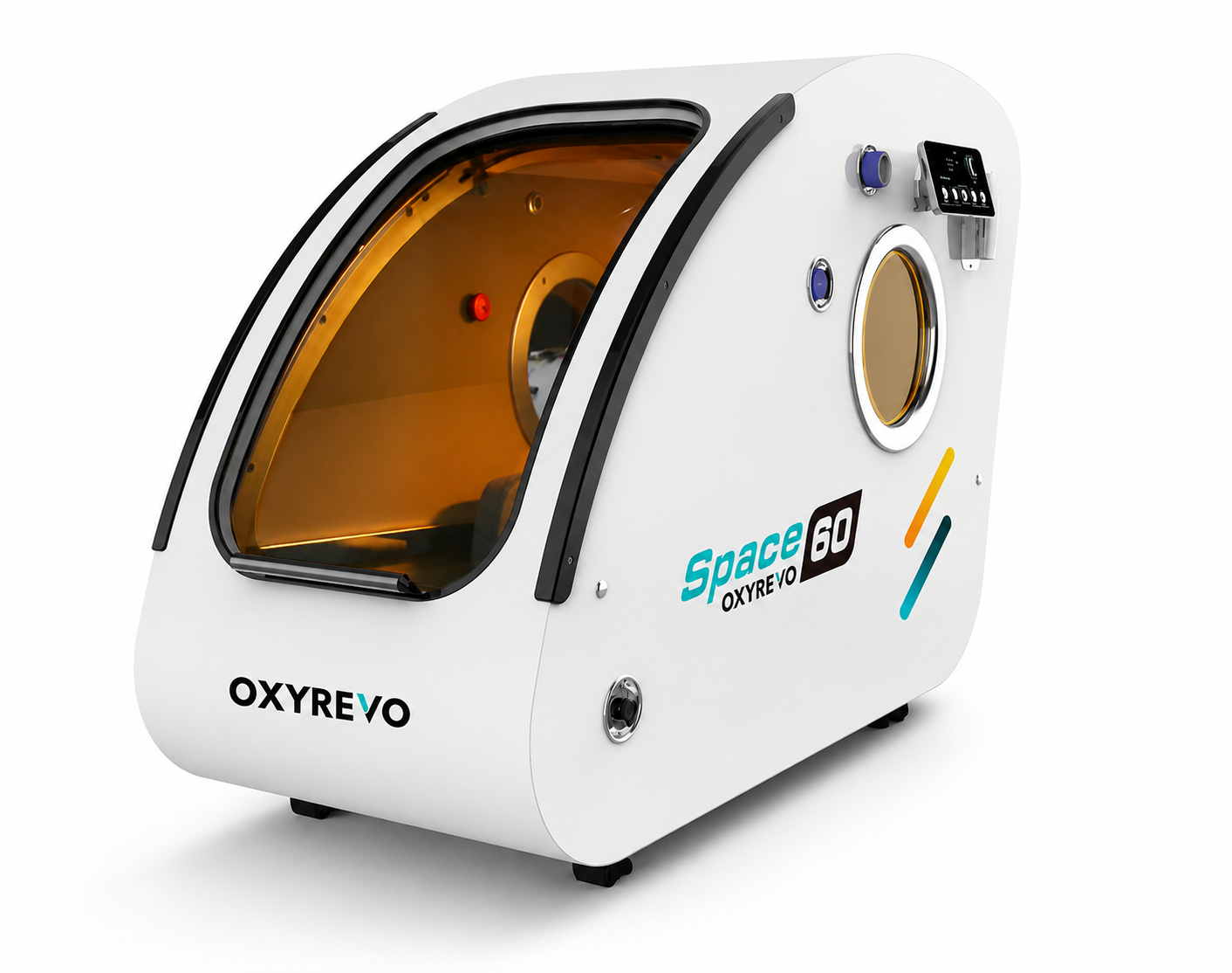 OxyRevo Space 60 white hyperbaric chamber premium product render on white background