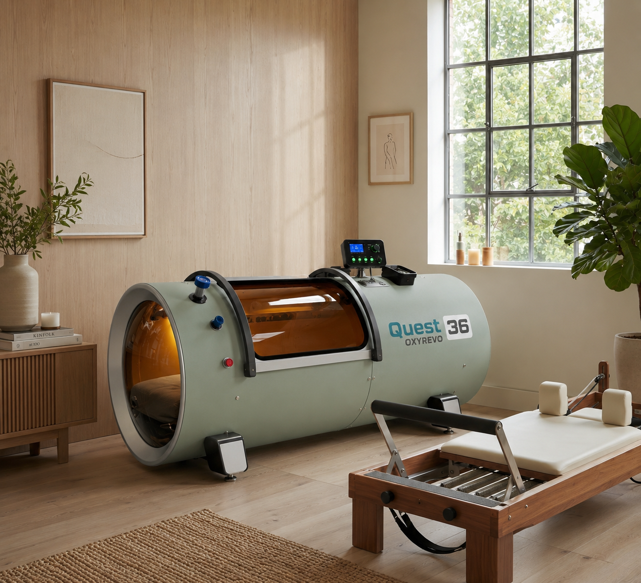 Quest 36 hyperbaric chamber in a room with plants and furniture