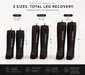 A size guide infographic for Threebody leg recovery sleeves, showing three different size options labeled Short (27"-32"), Regular (32"-37"), and Long (37"+), with illustrations of the sleeves and text detailing leg lengths and features.