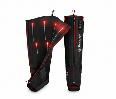 Therabody JetBoots PRO Plus wireless compression boots with infrared LED and vibration on a white background