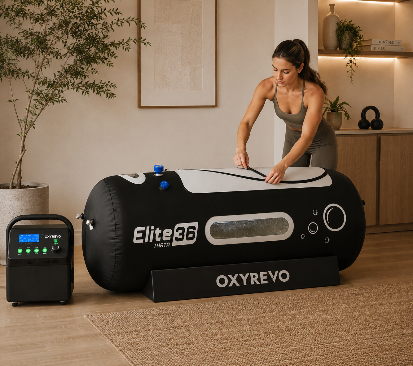 Woman zipping closed the black Elite 36 hyperbaric chamber in a luxury home wellness setting.
